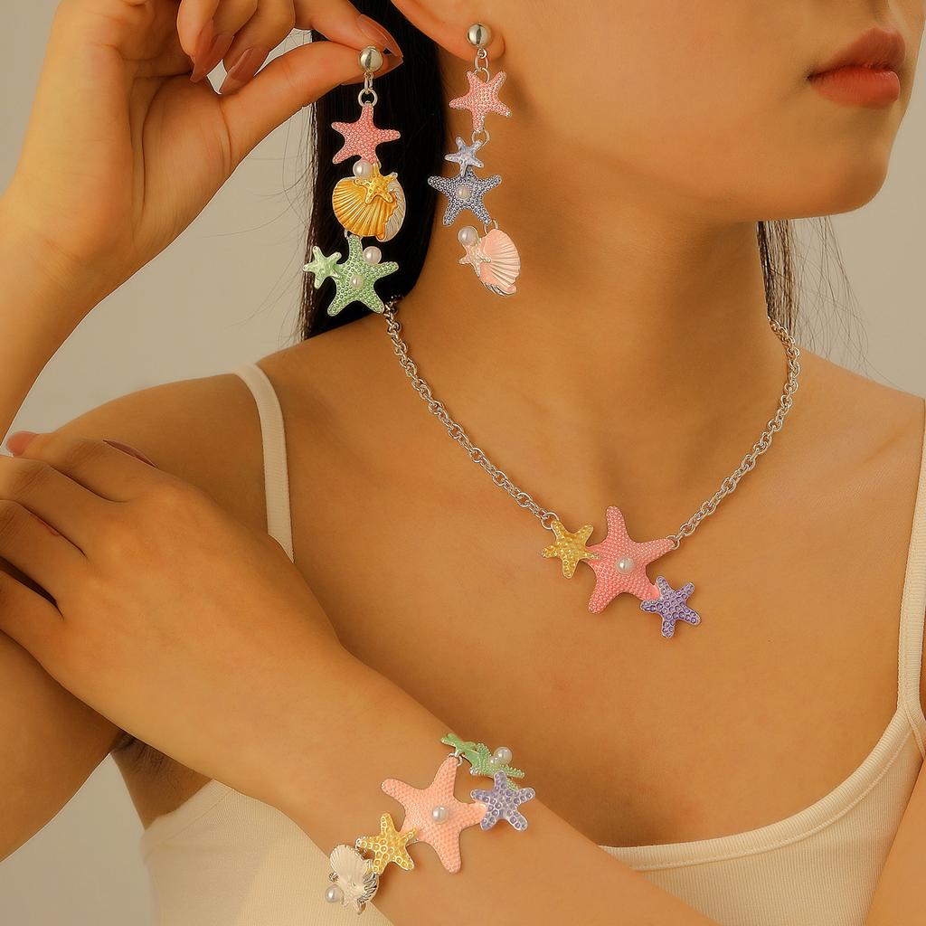 Vacation Style Colorful Starfish Zircon Shell Pendant Zircon Sets Fresh Fashion Necklace Earrings Bracelet Set for Women
