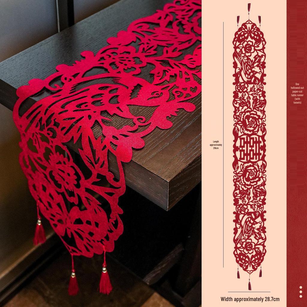 Chinese Wedding Table Runner with Tassels - Dragon & Phoenix Design