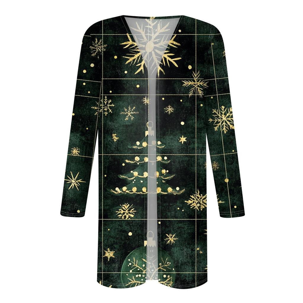 Women's Fashionable And Casual Christmas Printed Mid Length Cardigan Long Sleeved Jacket