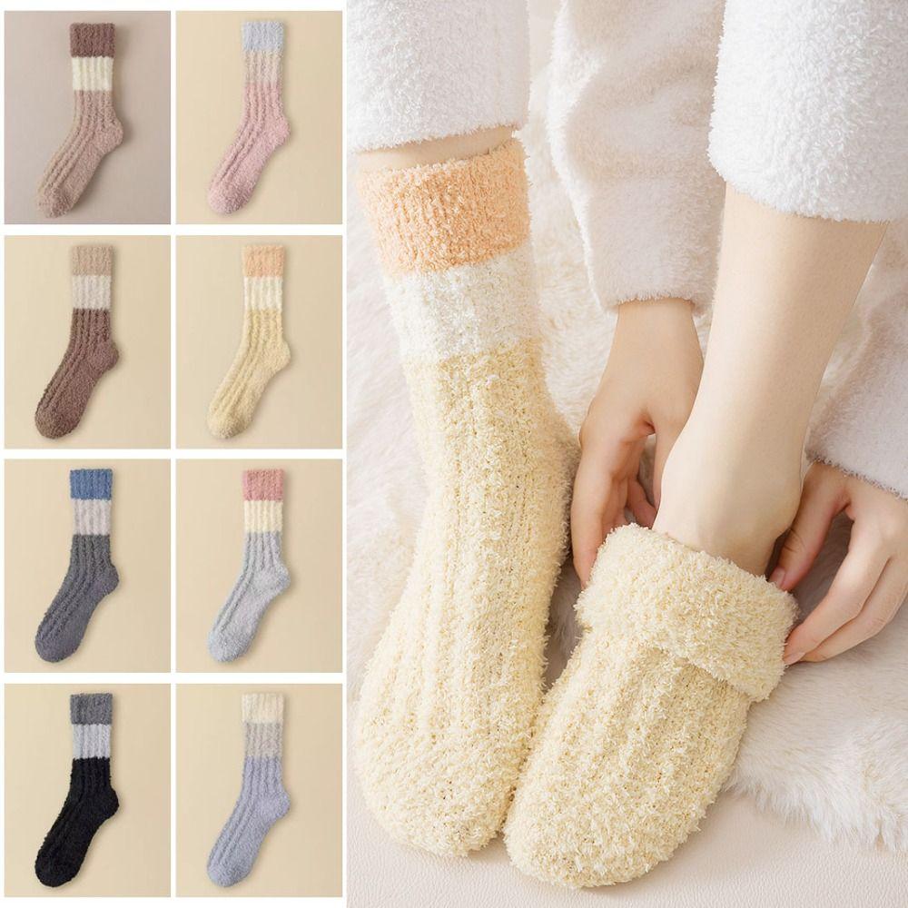 3Pairs Thickened Floor Plush Socks Stripe Mid Tube Socks Women Kawaii Coral Fleece Socks Autumn