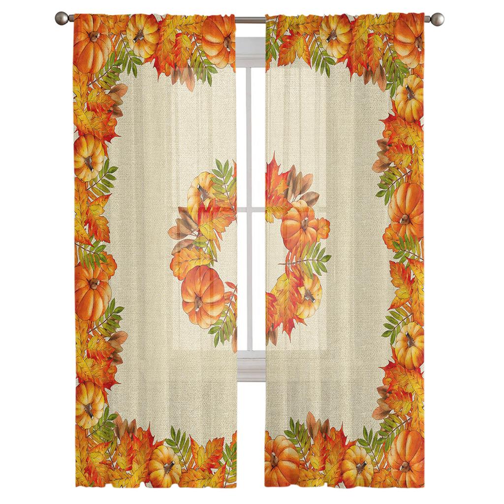 Thanksgiving Herbst Kürbis Ahornblatt Transparente Vorhänge für Wohnzimmer Schlafzimmer Heimdeko Küche Tüll für Fenster Voile Vorhänge