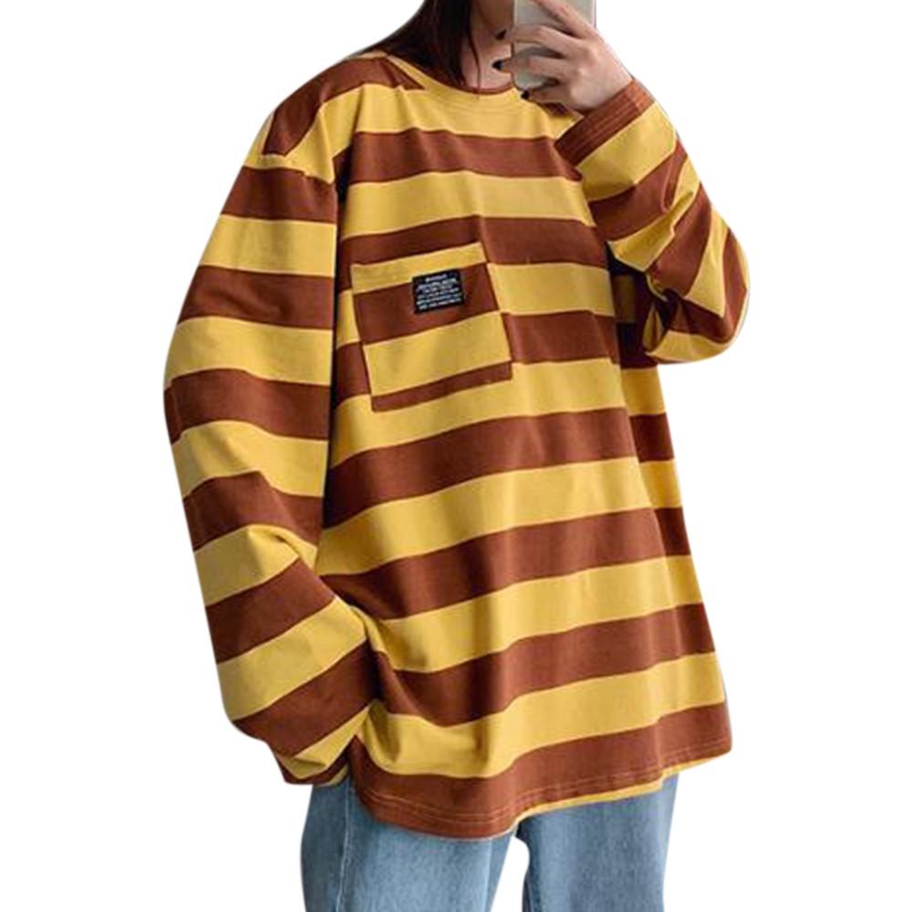 

Унисекс, женские и мужские полосатые топы, повседневные свободные футболки с круглым вырезом и длинными рукавами XL жёлтый