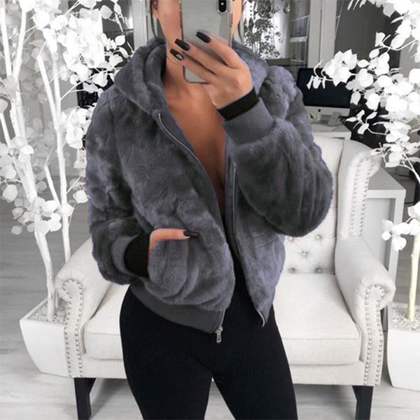 Solid Color Long-sleeved Hooded Coat Fluffy Faux Fur Cardigan Winter Zipper Jacket