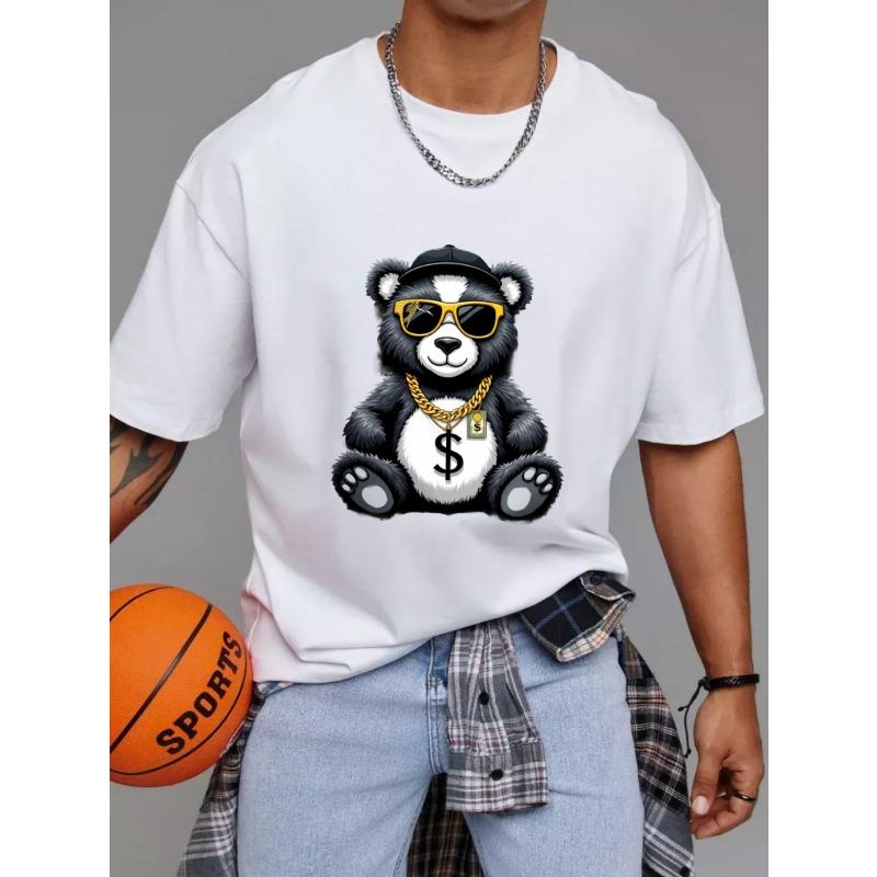 Cotton T Shirt White Bear with Sunglasses and Gold Chain Money Symbol Print Casual Streetwear for Men