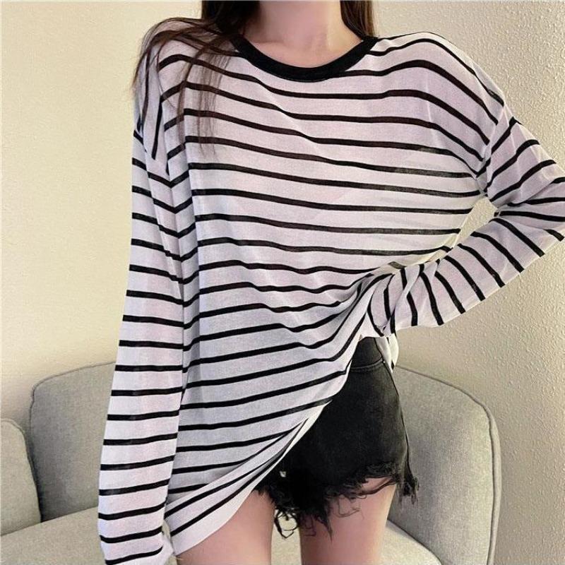 Sun Protection Clothes for Girls New Style Loose Summer Thin Anti-UV Ice Silk Striped Long-sleeved T-shirt Trendy