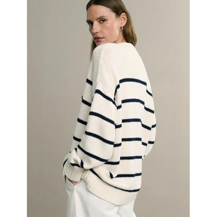 Women'S Striped Knit Cardigan V-Neck Cotton Thickened Warm Loose Fit Autumn Winter Sweater