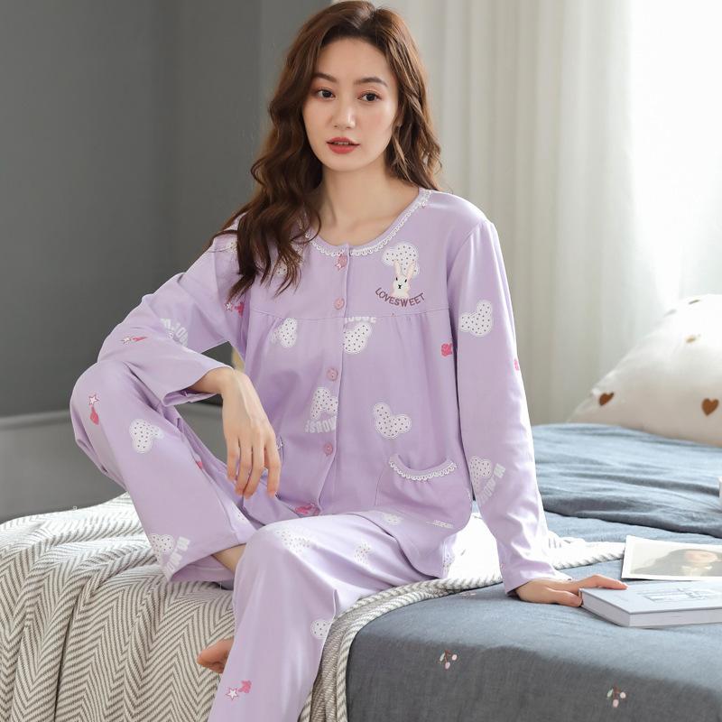 100% pure cotton pajamas women's long-sleeved printing set casual loose spring and autumn thin air-conditioned clothing loungewear can be worn outside