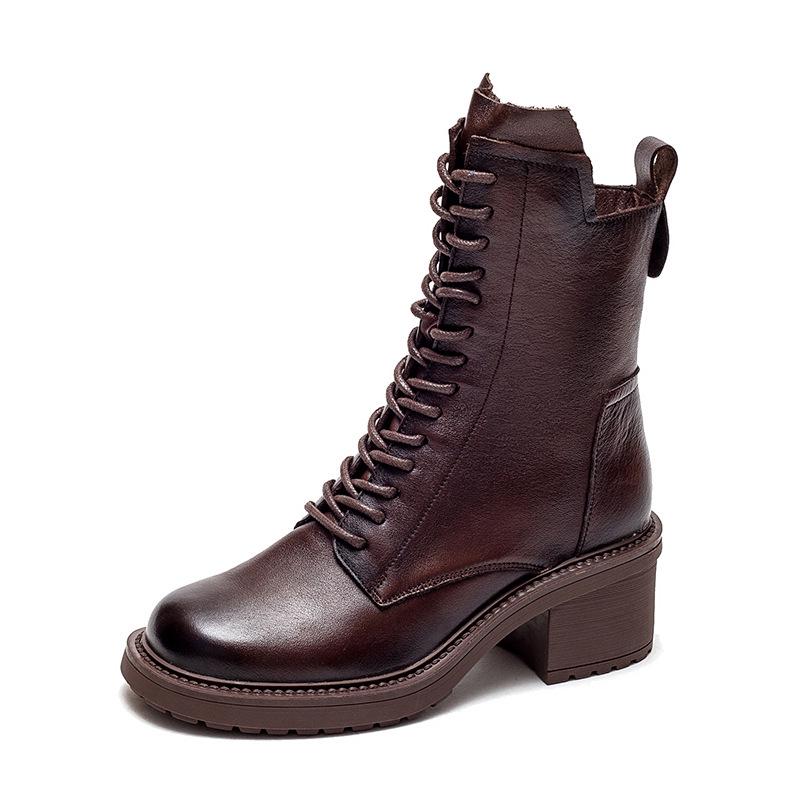 Shanghai Jie Zhou Herbstliche Stiefeletten mit runder Zehenpartie, Blockabsatz, aus Rindsleder, modische Martin Boots mit seitlichem Reißverschluss – Mittelhohe Stiefeletten
