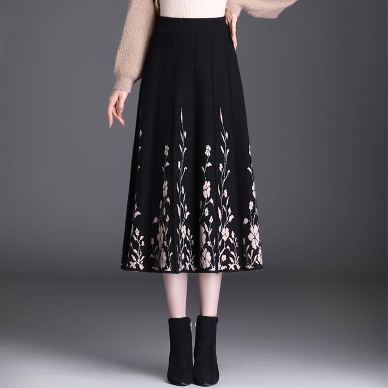 Damen Floral Gestrickter A-Linien-Midirock Hohe Taille Elastischer Bundrock