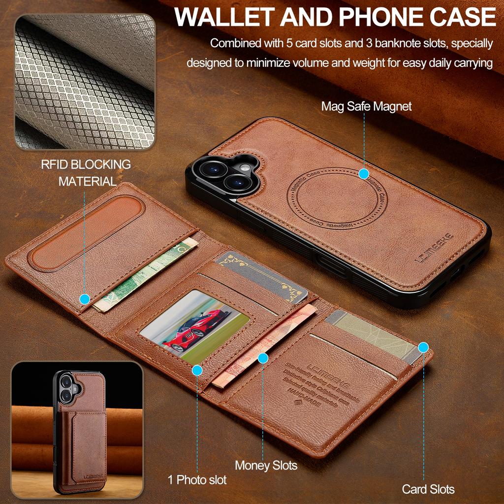 For iPhone 16 Plus Magnetic Phone Case Leather Back Cover with Detachable Card Holder