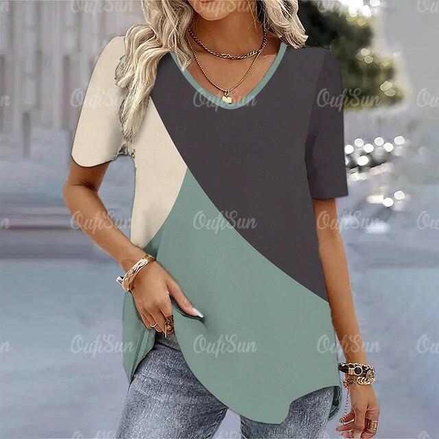 Tricou de damă, de modă simplă, cu decolteu în V, cu mânecă scurtă, cu dungi, tricou cu imprimeu pentru doamne, Harajuku, îmbrăcăminte largi, pulover pentru femei