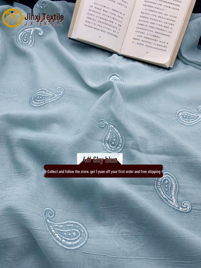 3D Cashew Flower Sequin Tencel Embroidered Fabric for Spring/Summer Dresses and Children's Hanfu.