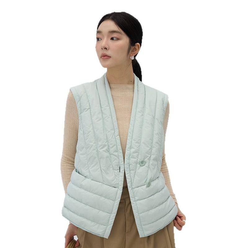 Womens V-Neck Slim Fit Duck Down Vest With Double Button Lightweight Warm Outerwear Winter