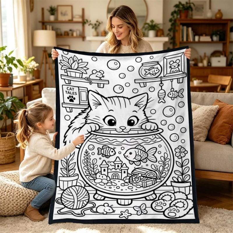 Kids Coloring Blanket Family DIY Painting Activity Gift Animal Themed Soft Throw