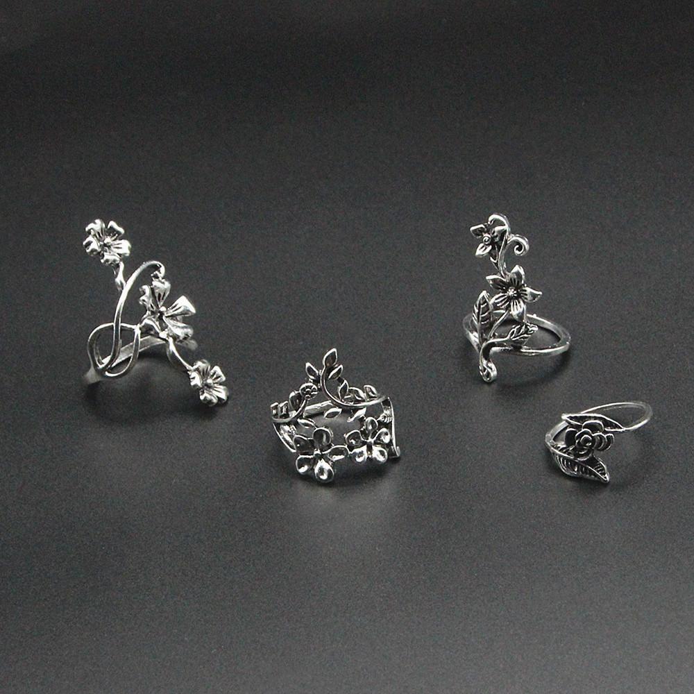 Retro 4 Pcs Hollow Flower Set Rings For Women Vintage Open Ring Punk Gothic Rock Hiphop Accessories Designer  Lovers Gift