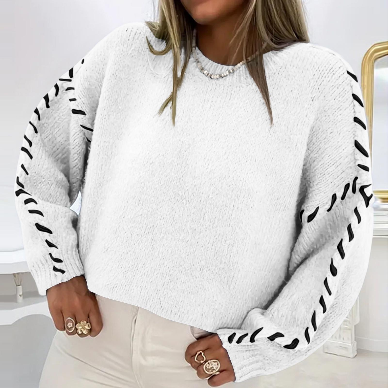 

Женский свитер с цветными блоками, свободный, повседневный, с круглым вырезом, вязаный, с длинными рукавами, топ XL белый