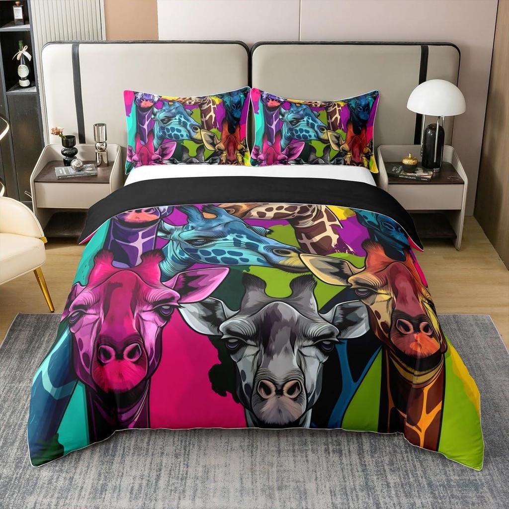 Funny Cute Giraffe Duvet Cover Boys Girls Single Size, Zoo Animal Bedding Set Hipster Style Comforter Cover Set and Pillowcases