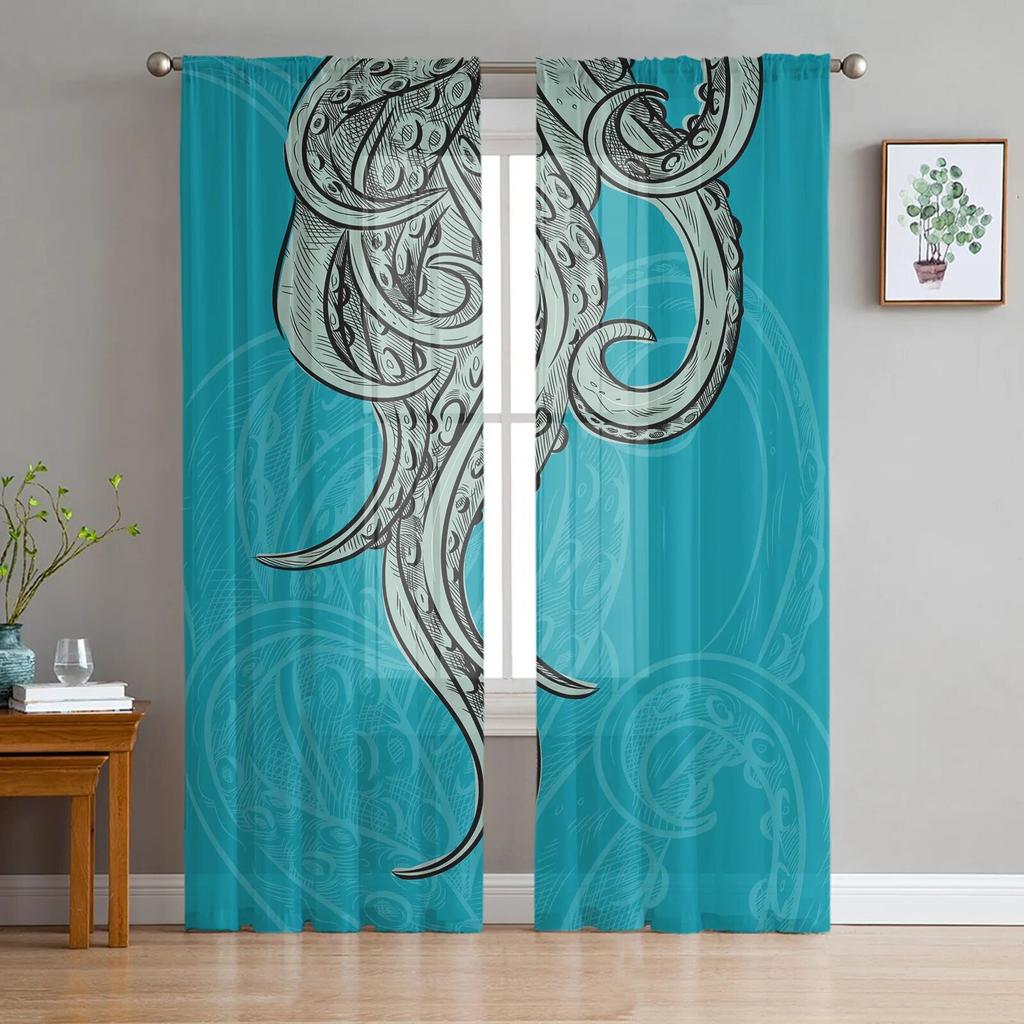 Sea Octopus Retro Cthulhu Sheer Curtains for Living Room Modern Voile Curtain Bedroom Tulle Curtains Window Drapes Decor