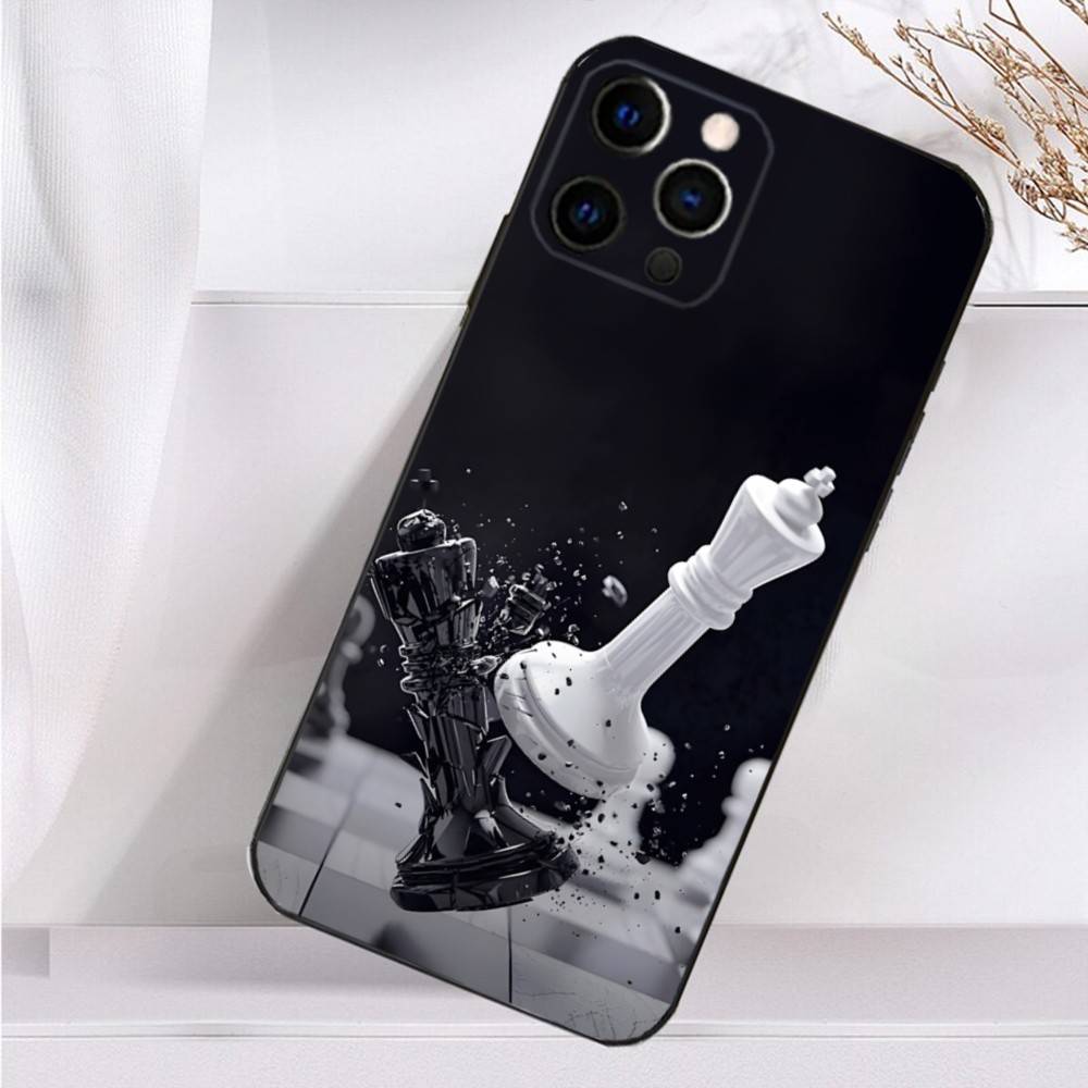 Board Pieces Chess Case For iPhone 16,15,17,14,13,12,11 Plus,Pro Max,XS,X,XR,SE,Mini,8,7 Soft Silicone Black Cover