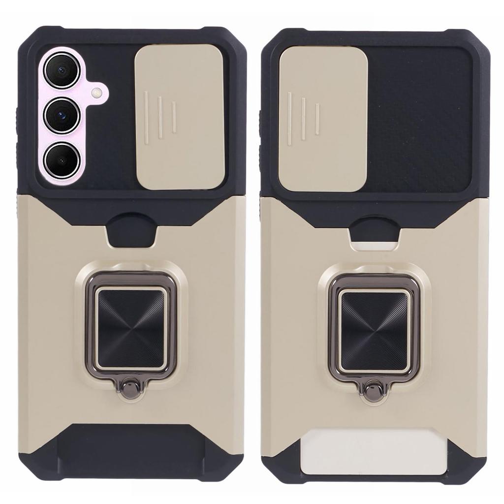 For Samsung Galaxy A55 5G Case PC+TPU Card Holder Phone Kickstand Cover with Slide Lens Lid