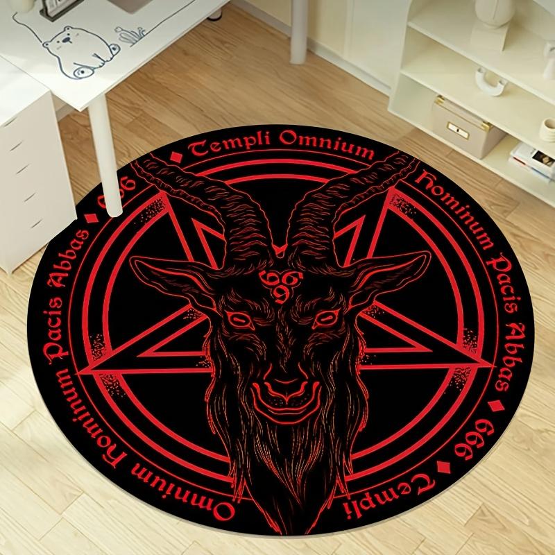 Polyester Baphomet Devil Sheep Head Circular Mat-Black&Red Design with Pentagrams,Perfect for Living Room,Bedroom,Office,or B
