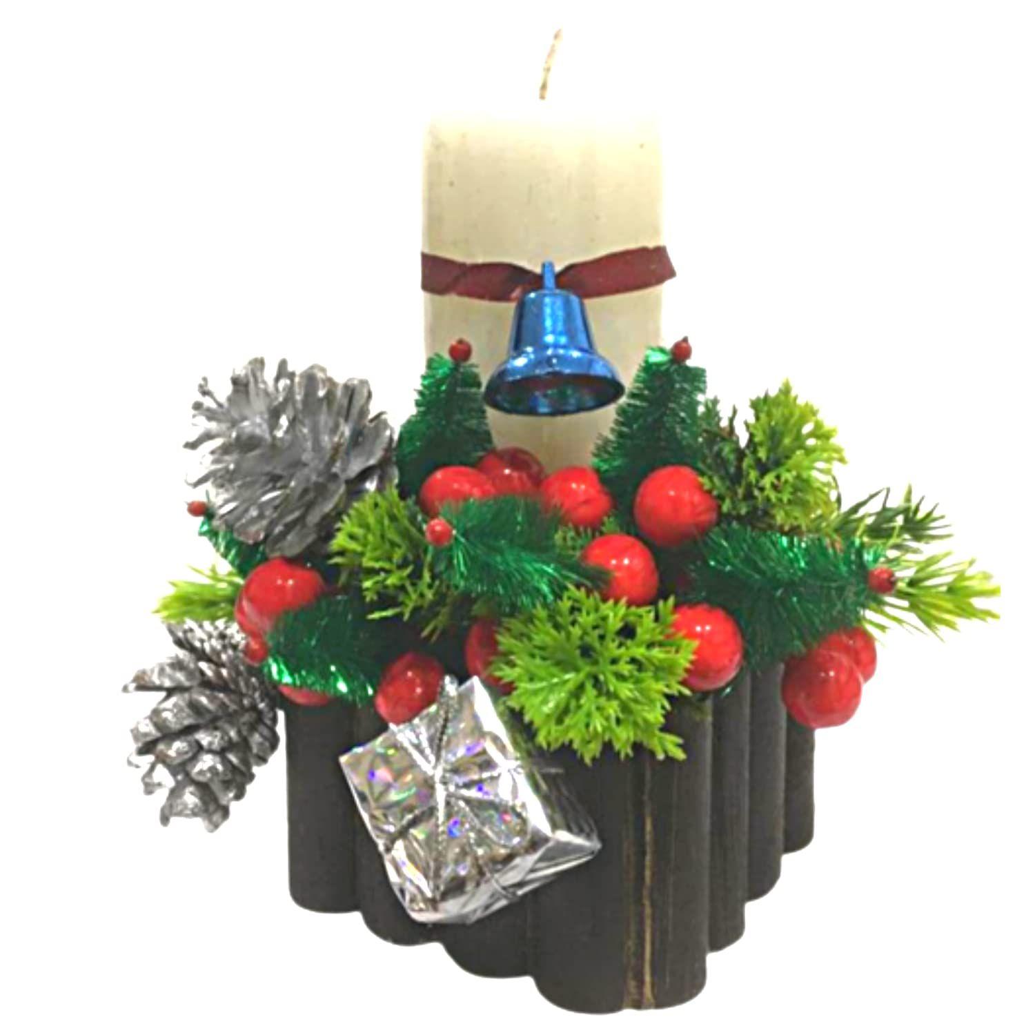 

Decorative Candle with Wooden Stand Wax Pillar Design Round Merry Christmas Candles with Decoration Items
