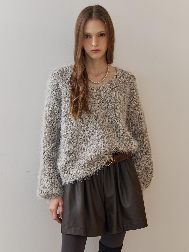 MAXZA Sequin Mix Hairy Loose Fit V-Neck Knit