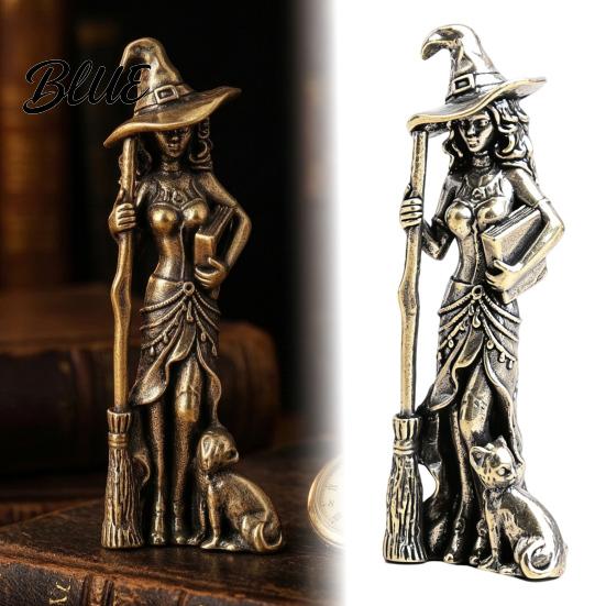 Gothic Tabletop Decoration Brass Witch Statue with Cat Vintage Metal Figurine Collectible Fantasy Retro Copper Tea Pet Halloween Desk Ornament