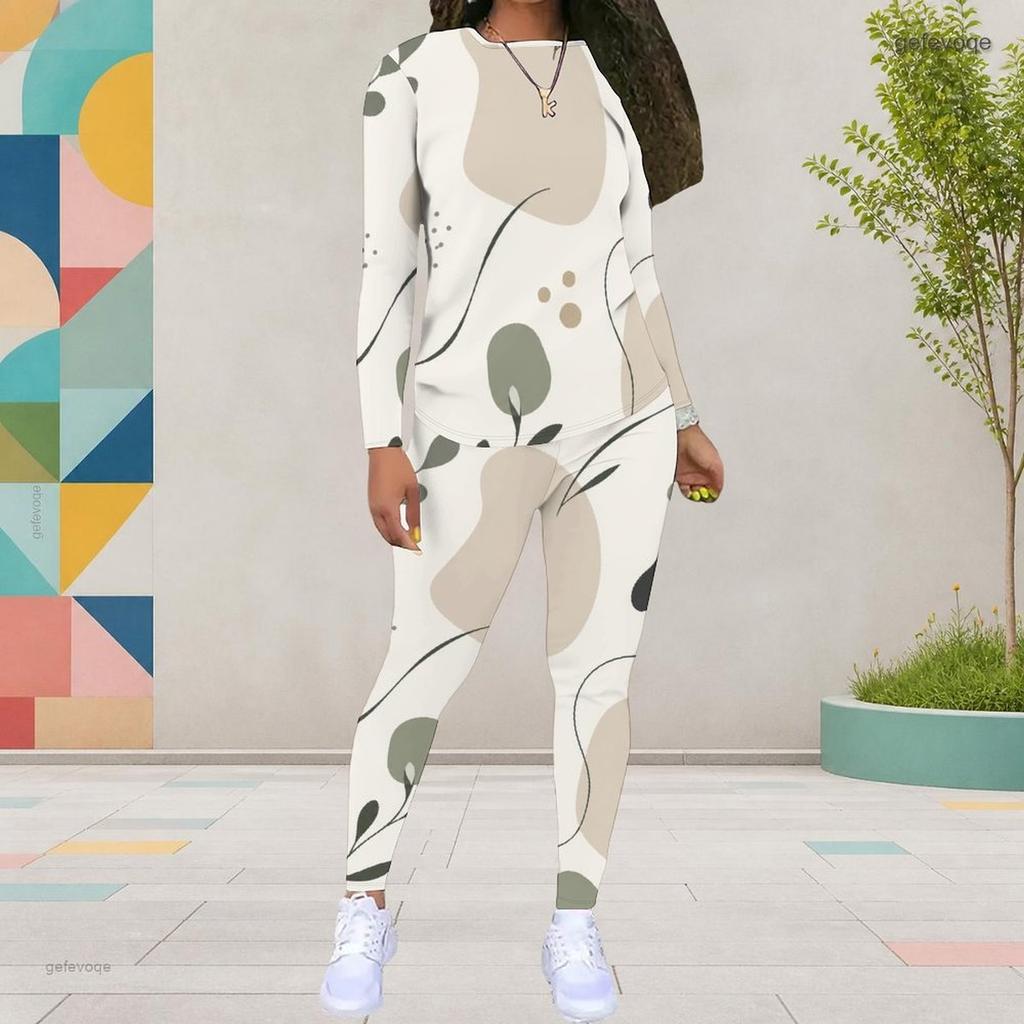Women Plus Size Round Neck Long Sleeve Printed Top Fitted Pants Two Piece Set