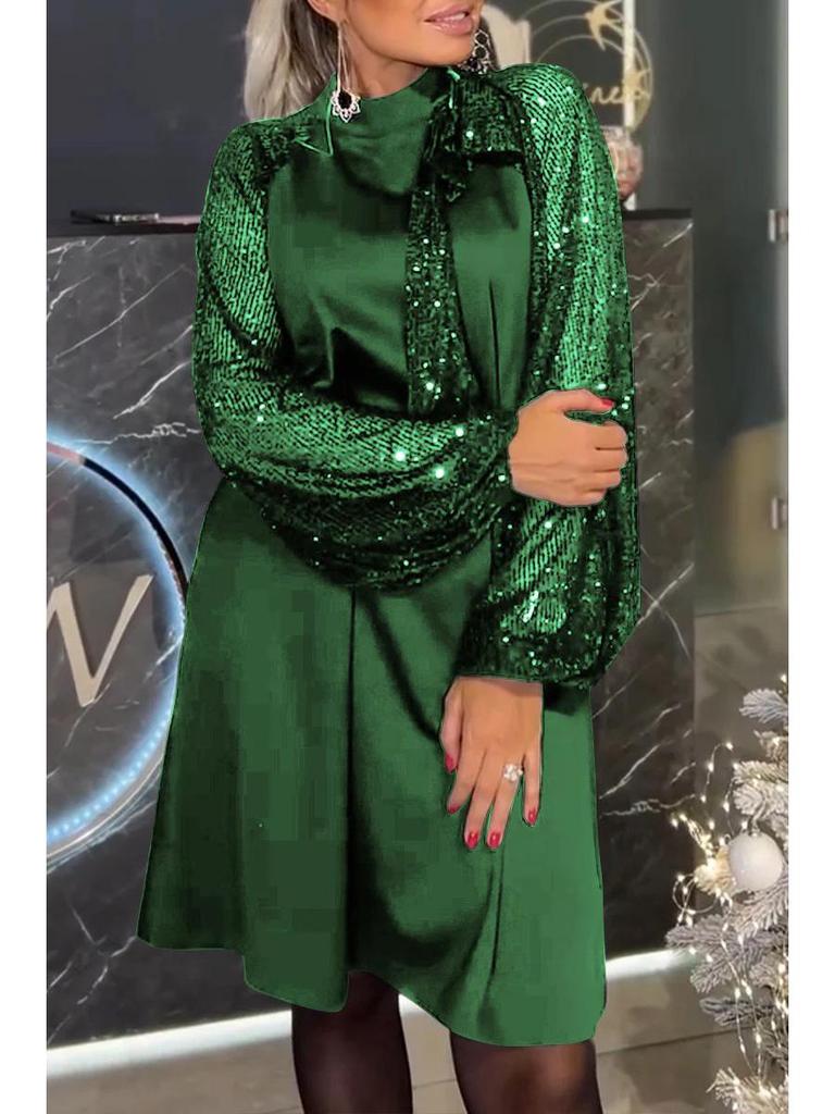 2024 Autumn/Winter Long-Sleeve Patchwork Sequin Tie-Up Mini Dress