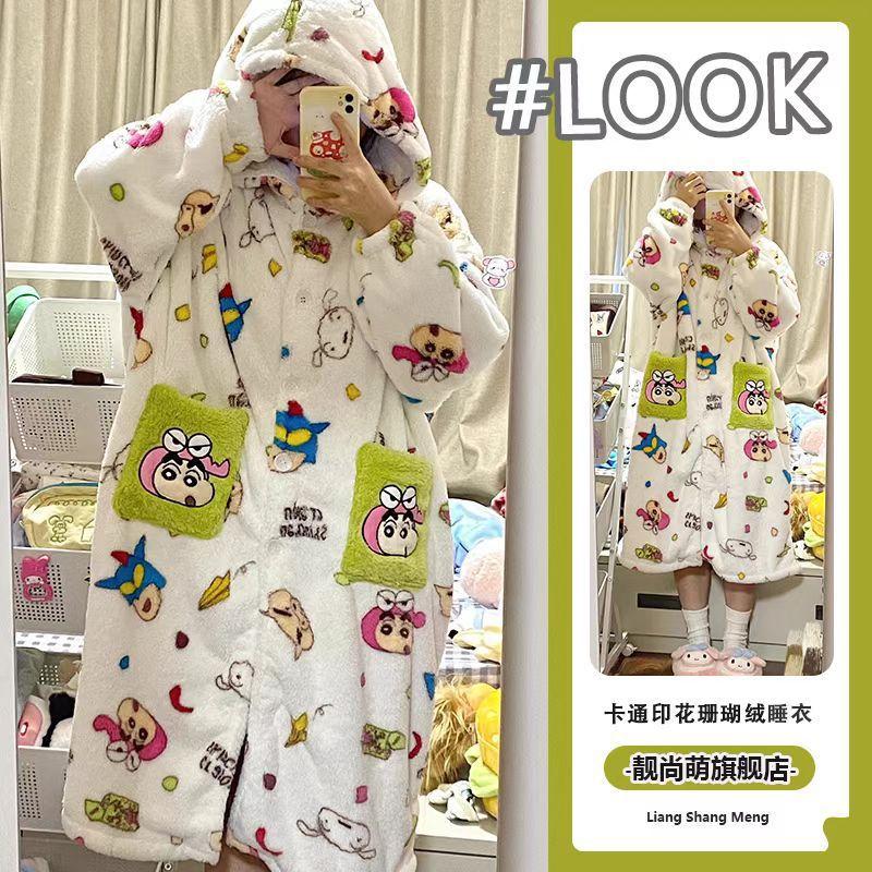 

Crayon small new coral fleece pajamas winter women s new cute cartoon nightgown can be worn outside loungewear S [recommended weight 35-40kg ]