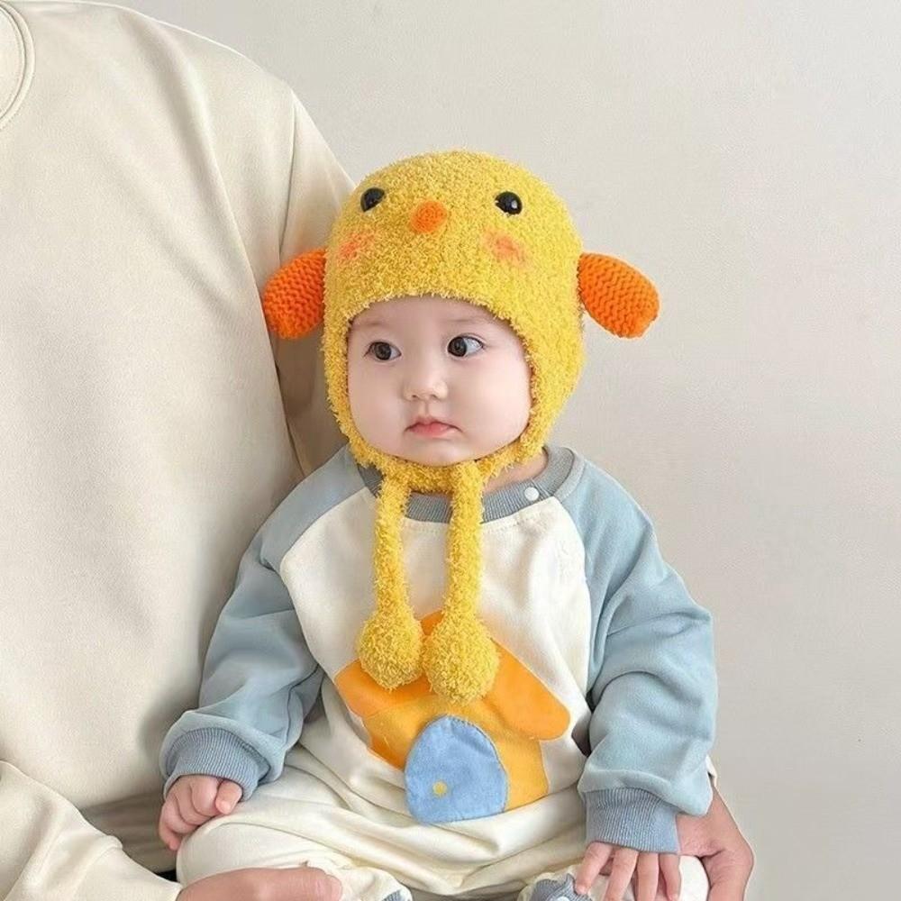Windproof Cartoon Chicken Hat Pom-pom Detail Plush Knit Hat Soft Baby Beanie Hat Girls Boys