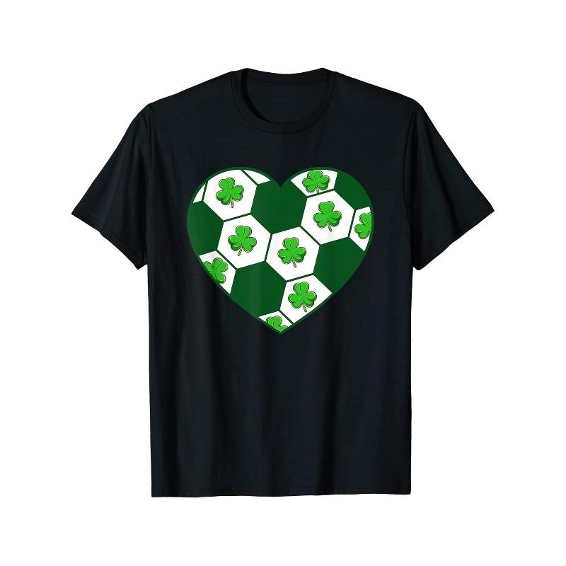 

European sizes Men S Football Shamrock St Patrick S Day T Shirt Black with Heart Shaped Football Four Leaf Clover Design Casual Short Sleeve S чёрный