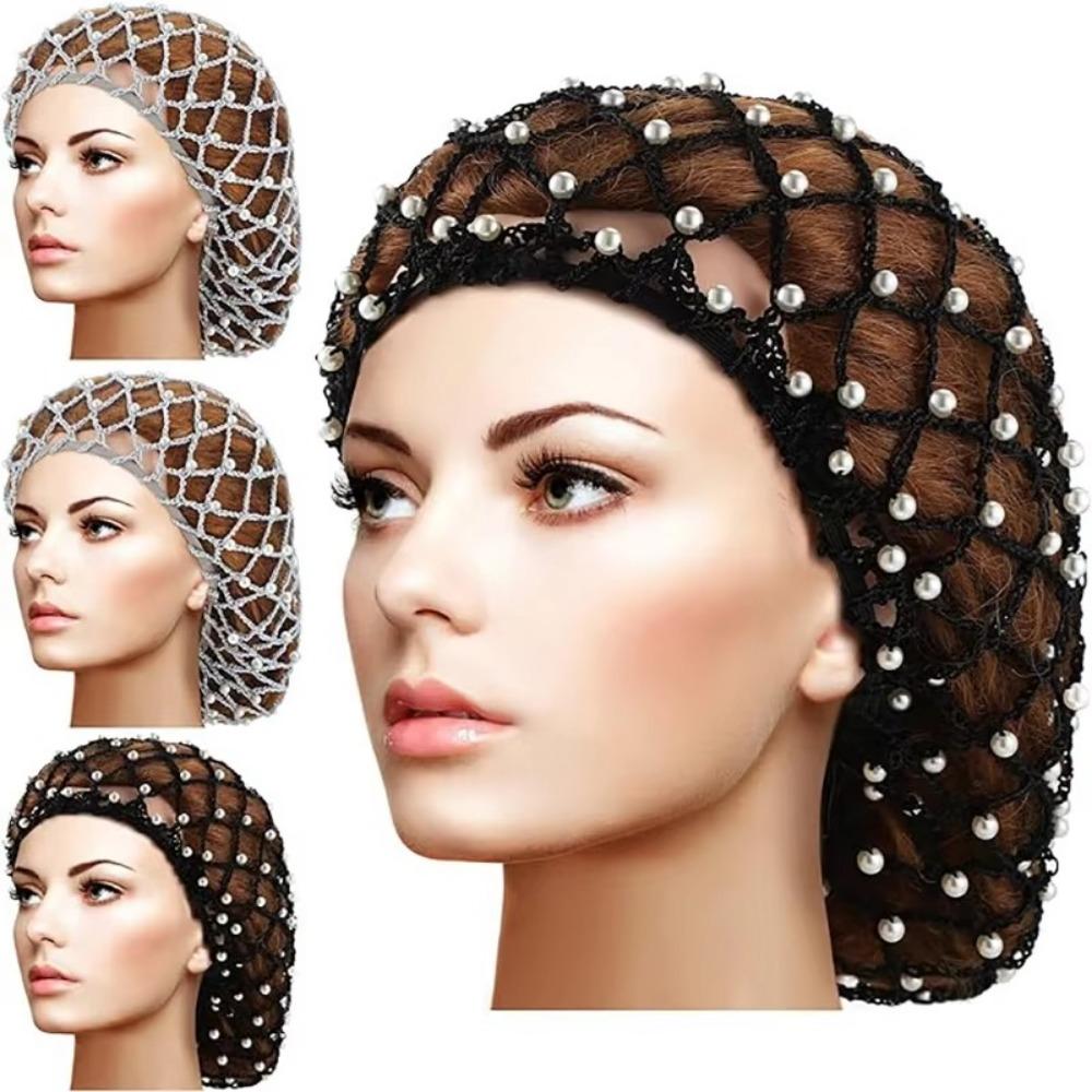 Pearls Beads Mesh Snood Hair Net Solid Color Women Headbands  Hair Accessories