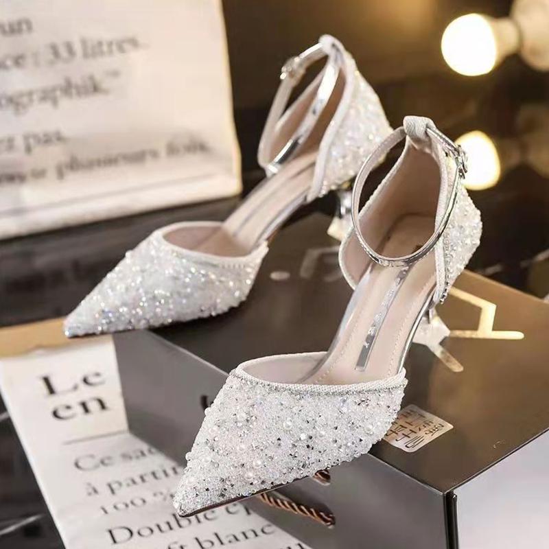 Bling Sparkling Women'S High Heels 2022 Newest Ankle Strap Crystal Heels Women'S Pointed Toe Stilettos Wedding Party Shoes