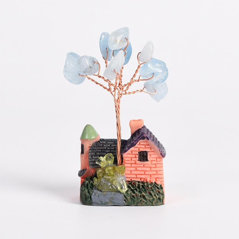 Crystal Mini House Ornament Decorative Crafts Natural Crystal Tree Crushed Stone Wealth Tree Cabin Garden Home Decoration