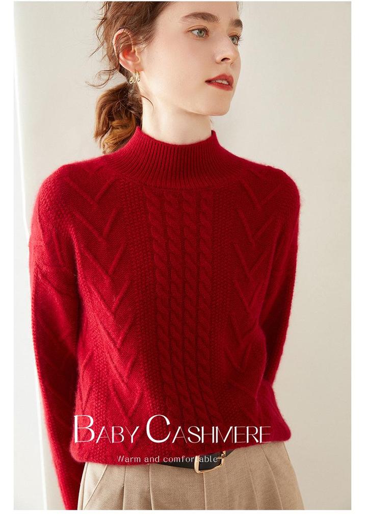 Women's Cashmere Cable Knit Sweater - Half-High Collar, Thick, Loose Fit, Solid Color, Perfect for Autumn/Winter