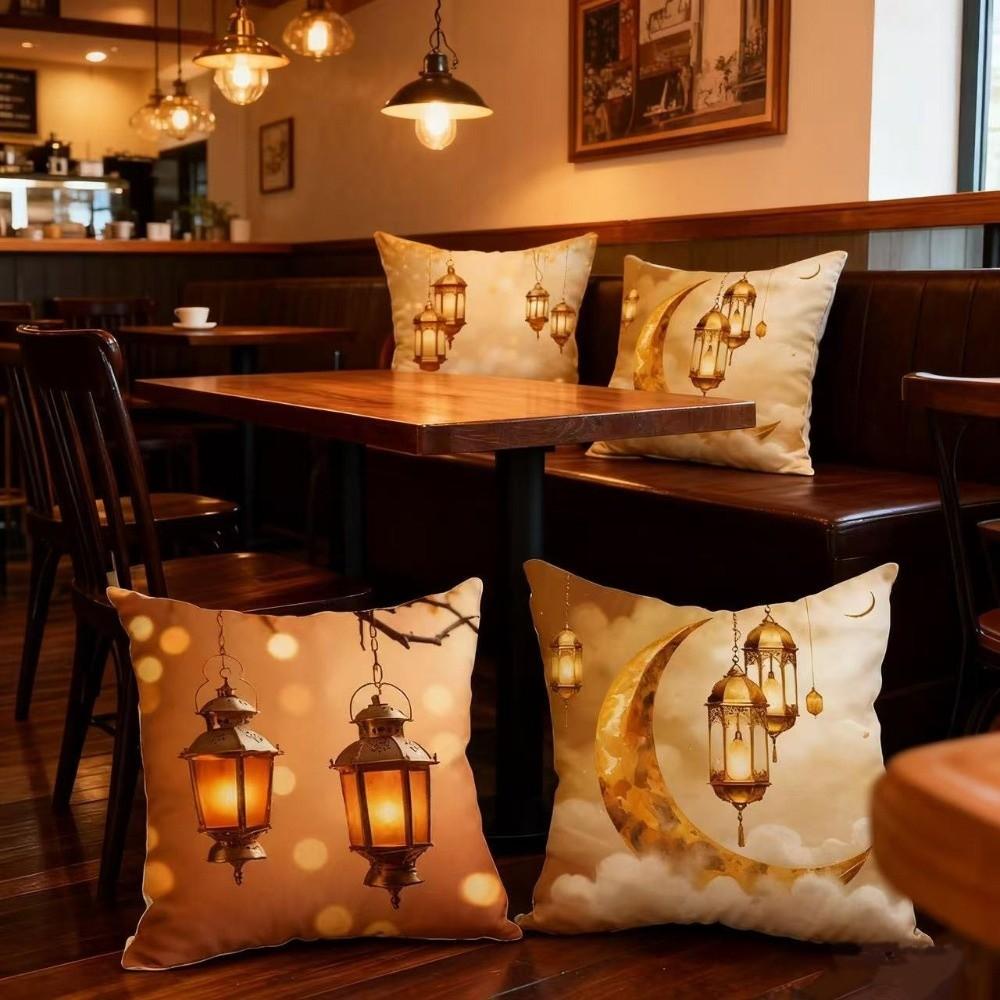 Golden Moon EID Mubarak Pillowcase Decor Oil Lamp Printed Sofa Cushion Cover 45cm Pillow Cover Islamic Party Supplies