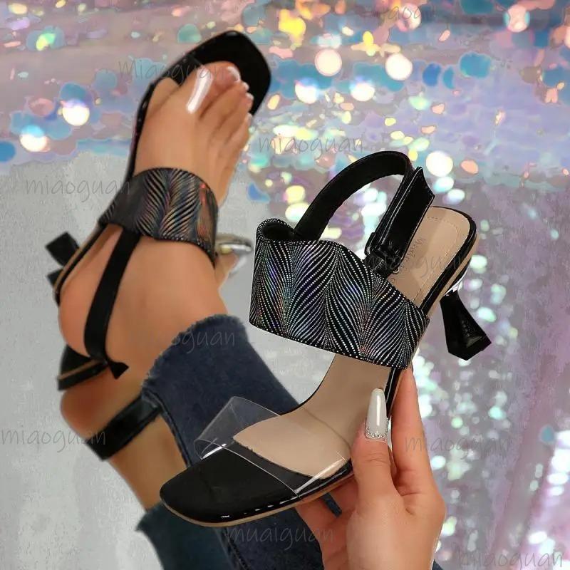 Fashion Fashion Design Transparent Pvc Strap High Heel Sandals Women Summer Square Toe Ankle Strap Sandals Sexy Laser Stripe Party Shoes