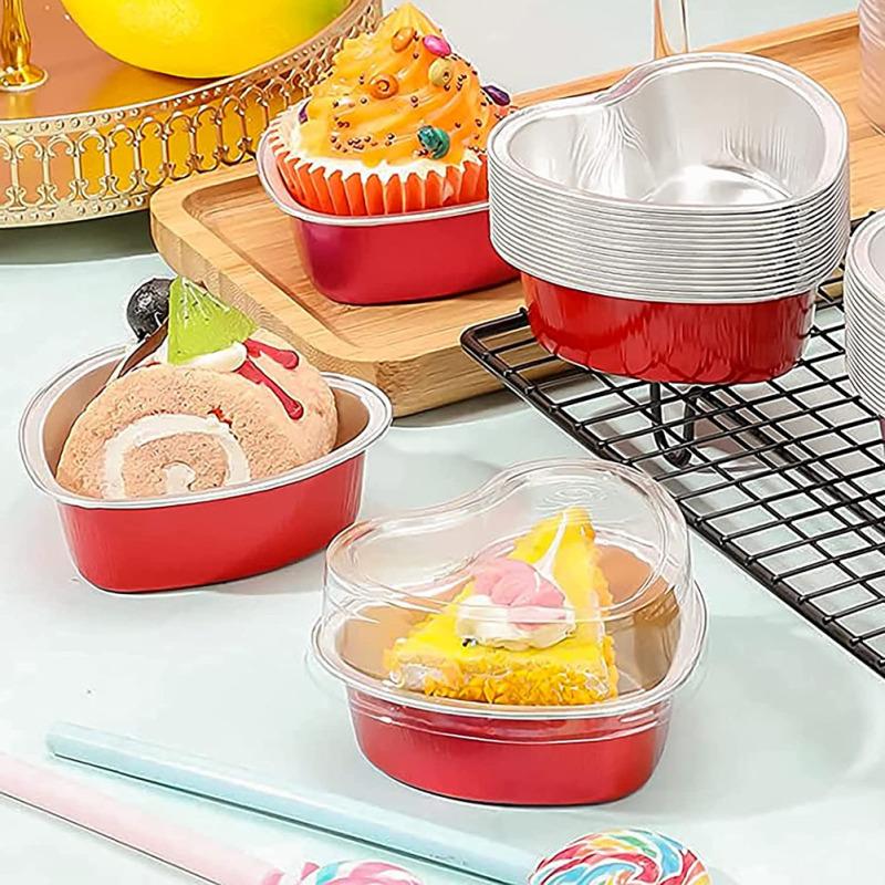 Buy NEW! 50 Pcs 100ml Tin Foil Cake Cup With Lid Heartshaped Aluminum