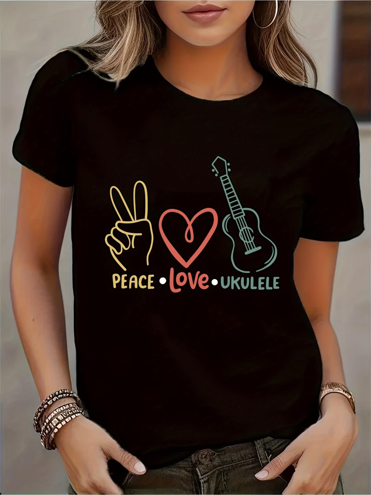 

Unisex Black Casual Graphic T-Shirt with Colorful Peace Love Ukulele Design - Soft Breathable Short Sleeve Crew Neck Tee, 4XL чорний