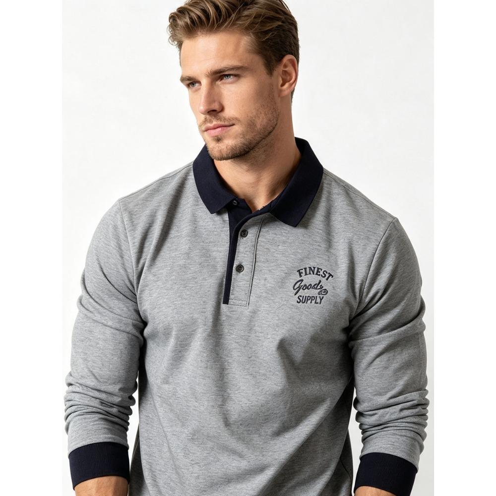 Men's Retro Color Block Long Sleeve Polo – Soft Touch Jersey Shirt with Contrast Cuffs & Vintage Logo – Smart Casual Business Wear