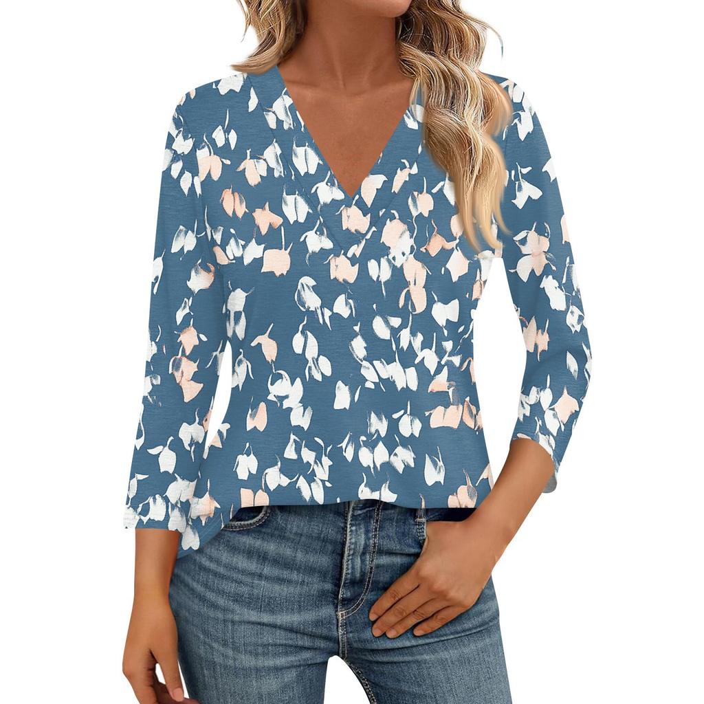 3/4 Length Sleeve Womens Tops V Neck Casual Tunic Tops Basic Shirts Loose Fit Blouse