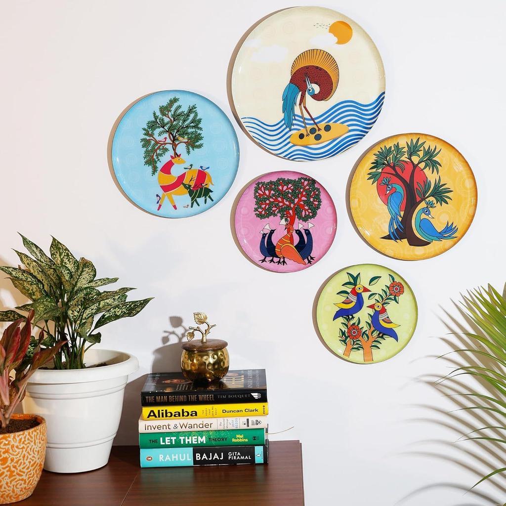Metal  Wall Plates | Home Decoration | Worli Art Design | Living Room Wall Decoration | Décor Items | Gift Items (Multicolour) (Set of 5)
