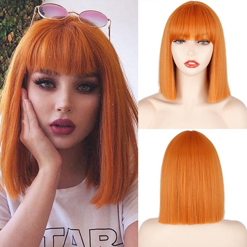 Short Bob Wig Women Shoulder-Length Straight Hair Bangs High-Temperature Fiber 14 Inch