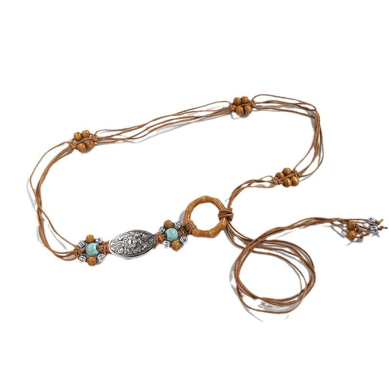 Boho Belt Round Buckle Braided Wooden Bead Waist Rope Natural Vacation Style Waist Rope