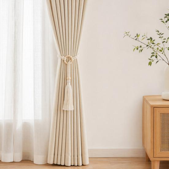 Wooden Ring Tassels Curtain Tieback, Adjustable Window Curtain Holders Ties Backs, No Drill Drape Curtain Holdbacks for Home Bedroom Decor