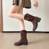 Sheepskin Version~ Inner Height Increase 8cm Maillard Martin Short Boots Women's Retro Thick Heel Knight Boots Sleeve Western Cowboy Boots