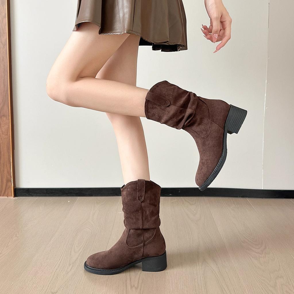 Sheepskin Version~ Inner Height Increase 8cm Maillard Martin Short Boots Women's Retro Thick Heel Knight Boots Sleeve Western Cowboy Boots