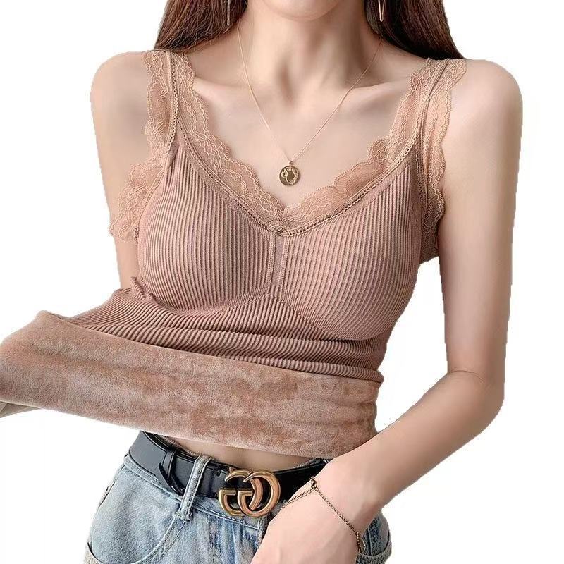Womens Lace Back Fleece Lined Camisole Winter Warm Layering Top